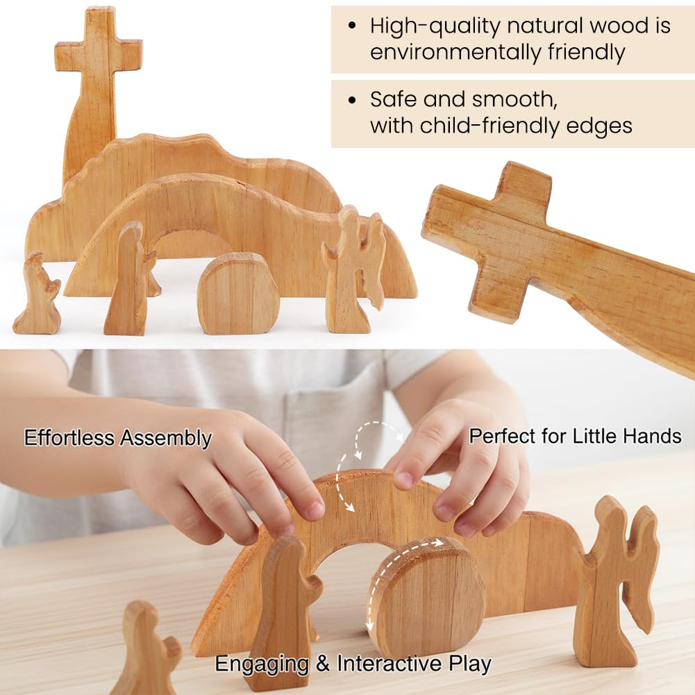 YOSINXU Empty Tomb Easter Scene and Christian Cross Decoration, Wooden Easter Resurrection Scene Cross Jesus Tomb Tray Set, Easter Decor for Religious Home Office Tabletop Christian Gifts