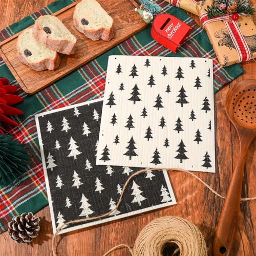 Black & White Geometric Christmas Tree Swedish Dishcloths - 4 Pack, 7x8 in