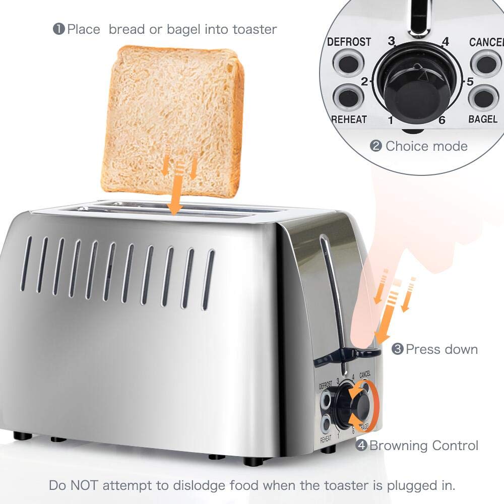 prepAmeal Toaster 2 Slice Stainless Steel Bagel Toaster Extra Wide Slots with 6 Browning Setting, Bagel/Reheat/Defrost/Cancel Function for Toasting Bread, Bagels and Waffles, 750W, Silver