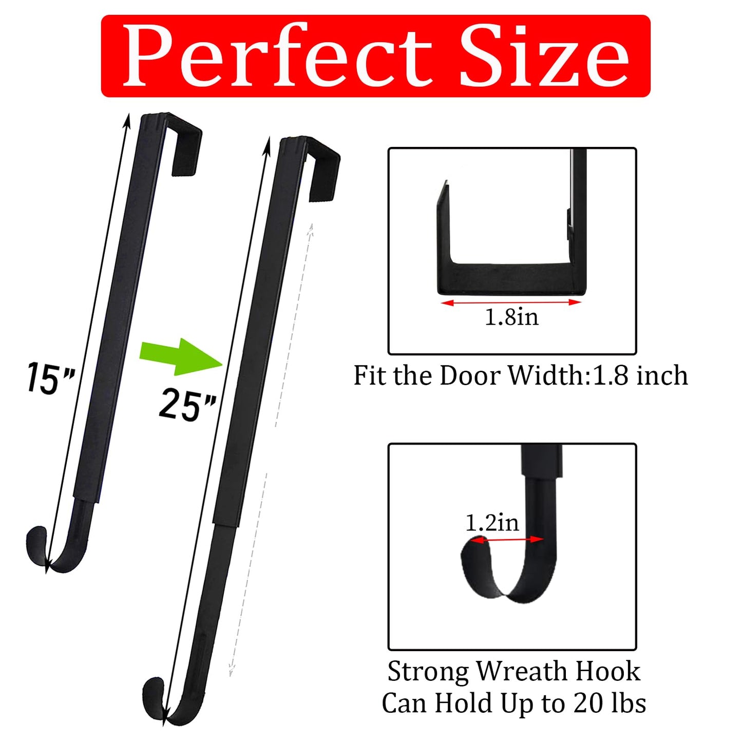 Wreath Hanger for Front Door, Adjustable from 15" to 25" Wreath Door Hanger for Christmas Fall Wreaths Decorations Hook, Black
