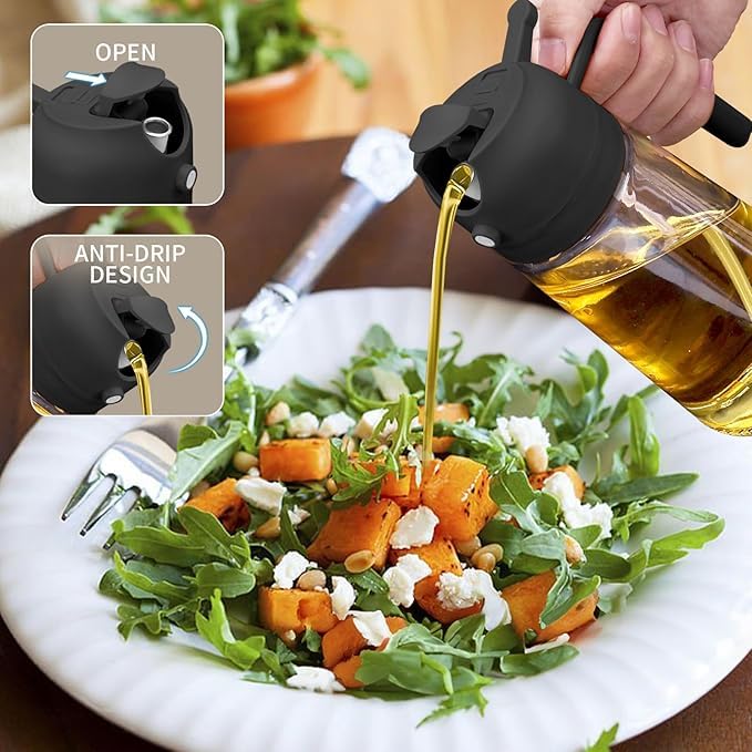 WANISHQ 16oz/470ml Glass Olive Oil Sprayer for Cooking - 2 in 1 Olive Oil Dispenser for Kitchen Gadgets, Air Fryer, Salad, and BBQ - Black