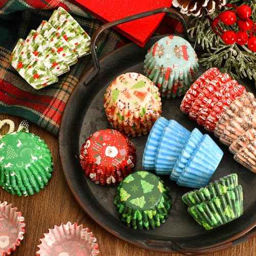 SANNIX 450pcs Christmas Cupcake Liners, Christmas Santa Claus Snowman Tree Baking Cups Cupcake Wrappers Paper Wraps Muffin Liners for Xmas Birthday Party Candy Cake Decorations Supplies(9 Designs)