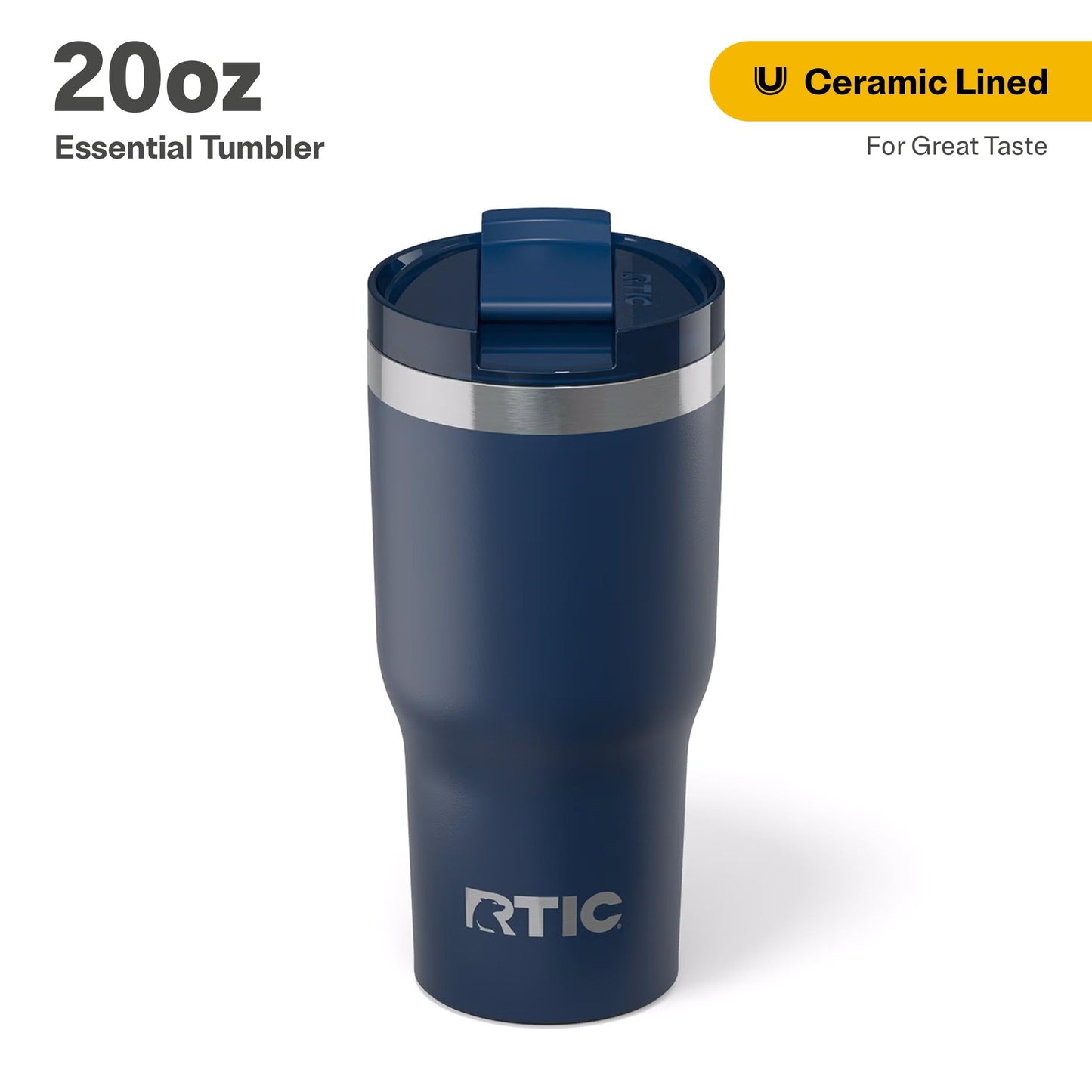 RTIC 20oz Essential Tumbler with Lid, Ceramic Lined, Insulated, Stainless Steel, Metal, Double Wall Vacuum-Insulation, Travel Cup for Iced Coffee, Tea, Hot and Cold Drink, Navy