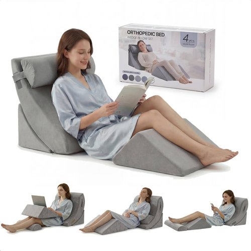 Axelrod Orthopedic Bed Wedge Pillow Set - 4PCS Adjustable Foam for Back, Neck & Leg Pain Relief | Anti-Snoring, Heartburn & GERD Support - Grey