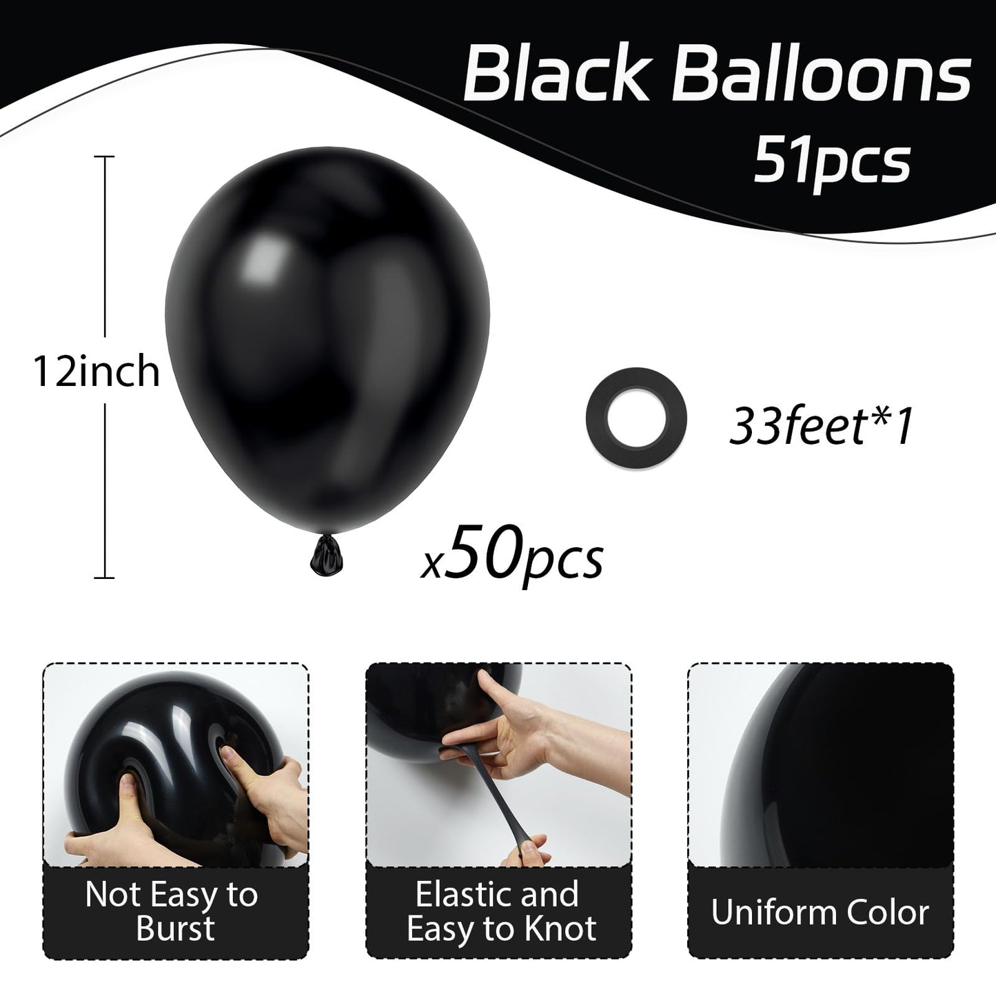 Awenztech Black Balloons 12 inch, Black Latex Balloons 50pcs Party Balloons for Graduation Halloween Birthday Party Decorations