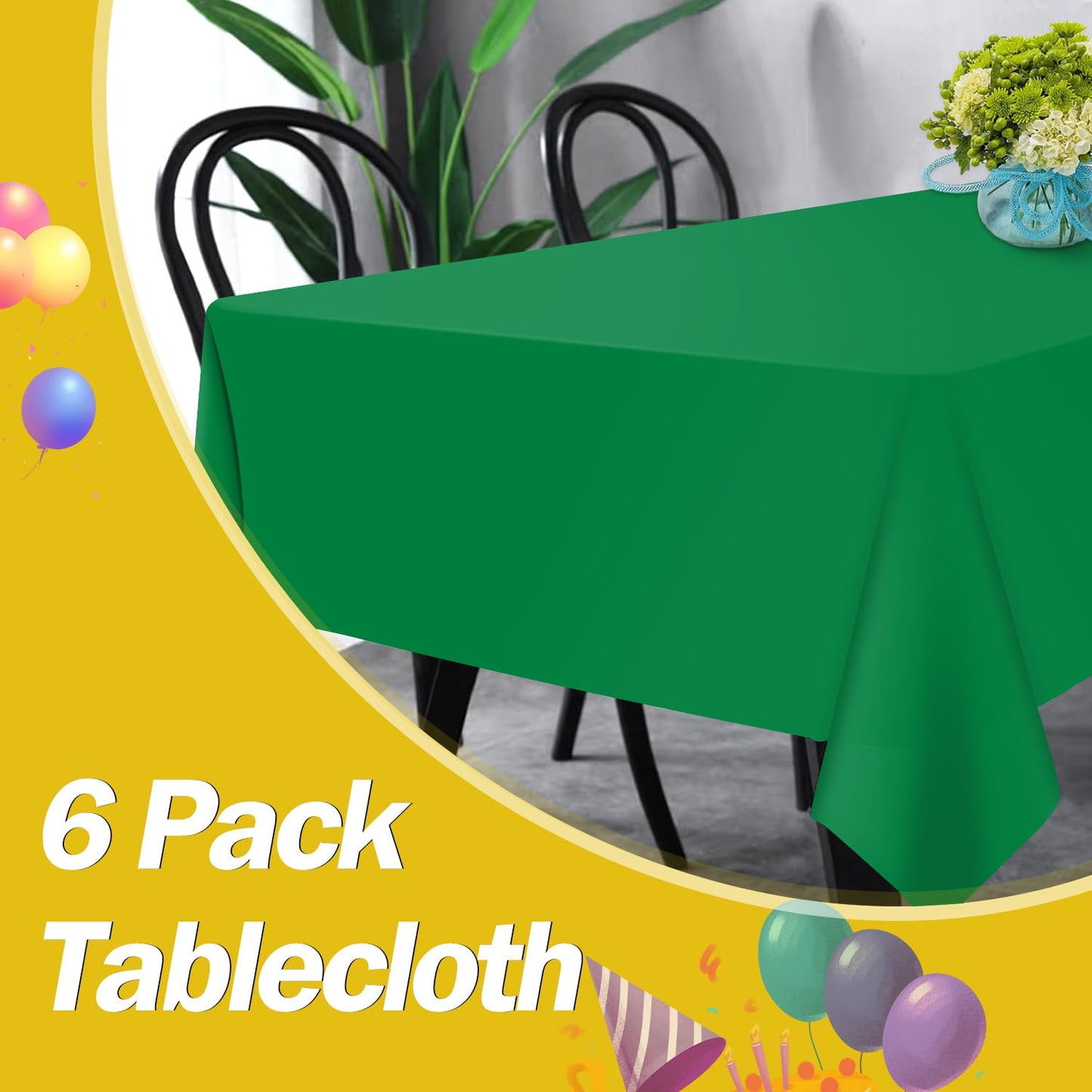 tujol Green 6 Pack Plastic Table Cloth 54" x 108", Disposable Tablecloths Rectangle Table Cover, Plastic Tablecloth for Parties