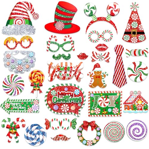 HOWAF 30pcs Glitter Photo Booth Props Set – Peppermint Candy & Lollipop Christmas Party