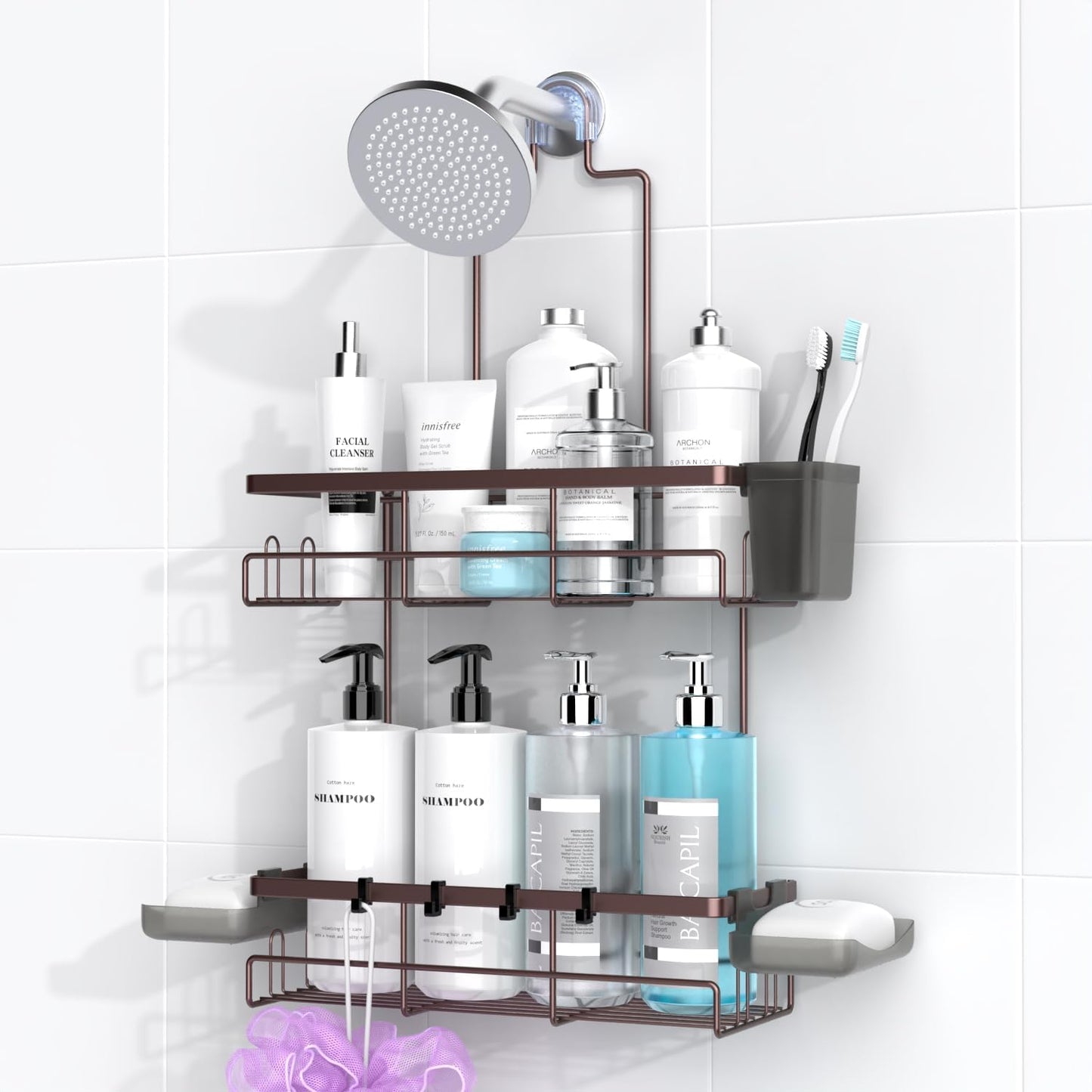 AKTECKE Shower Caddy | Rustproof Hanging Bathroom Organizer - No Drilling, Over Showerhead - Bronze