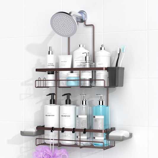 AKTECKE Shower Caddy | Rustproof Hanging Bathroom Organizer - No Drilling, Over Showerhead - Bronze