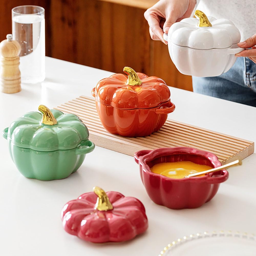 Pumpkin | 14 Oz Ceramic Ramekin Set with Lid & Handle - Oven Safe Stoneware for Baking (Green)