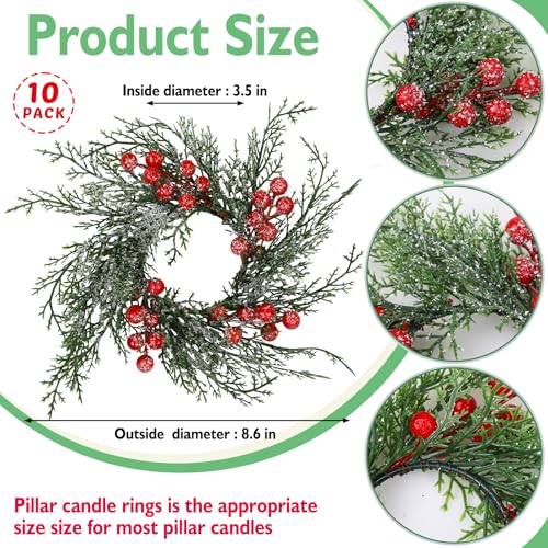 Serlvan 10 Pcs Christmas Candle Rings Wreath with Red Berries & Snowy Pine - Holiday Decor