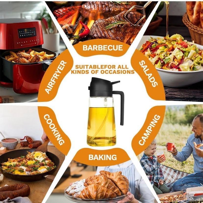 TrendPlain 16oz Glass Olive Oil Sprayer - 2-in-1 Dispenser for Cooking, BBQ & Salad - Black