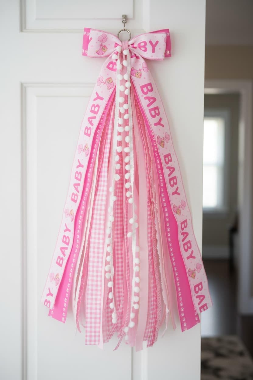 Welcome Home Wreath Bow by Baby Girl - 27.5" Large Pink 11-Layer Ribbon Door Hanger for Nursery Decor