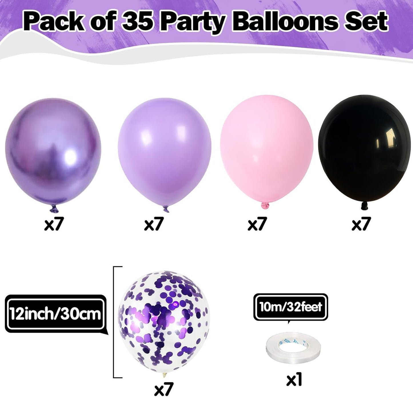 Purple Pink Balloons - 12 Inch Mermaid Halloween Set | 35 Pcs with Metallic Confetti for Parties