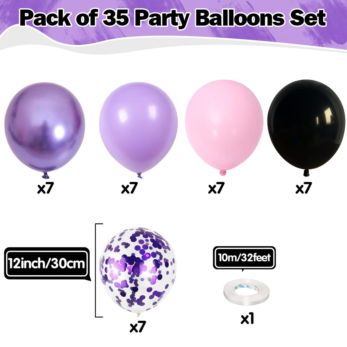 Purple Pink Balloons 12 Inch Purple Pink Black Balloons 35 Pcs Mermaid Halloween Balloon Set with Metallic Confetti Balloon for Girls Wedding Bride Shower Baby Shower Birthday Party Decorations