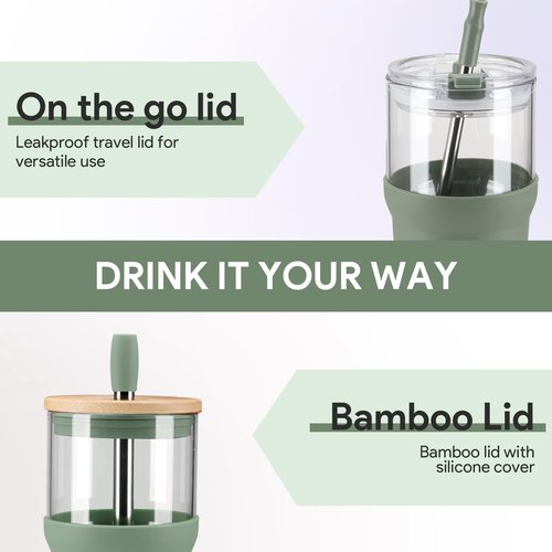 Glass Tumbler with Lids and Straws, 20 oz Iced Coffee Cup and Smoothie Cup with Bamboo Lid and On the go Lid,Glass Cups With Straws