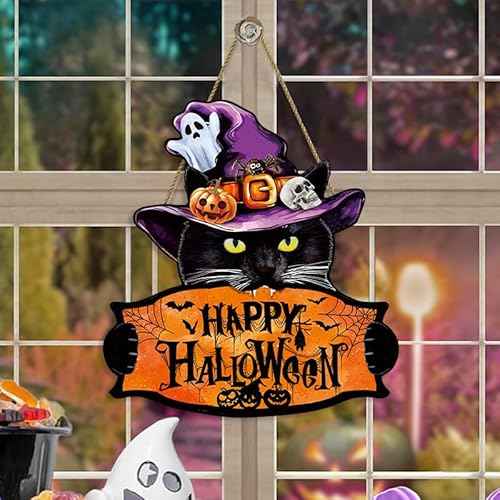 Halloween Welcome Sign Hanging Wood Decor- Halloween Door Sign with Black Cat, Witch Hat, Ghost and Pumpkins, Indoor Outdoor Hanging Decor for Holiday Welcome