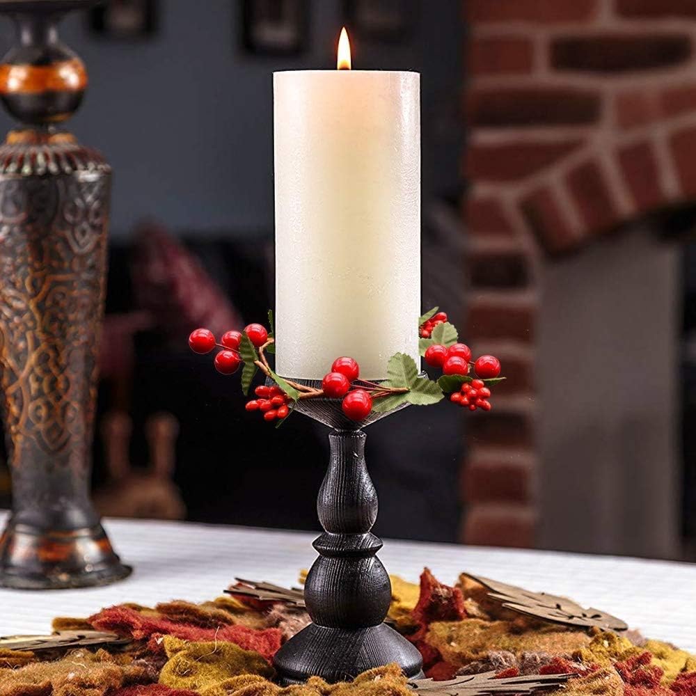 YBB Christmas Candle Rings - 8Pcs Small Red Berry Wreath Holders for 3-Inch Pillar Tapers | Rustic Wedding Decor