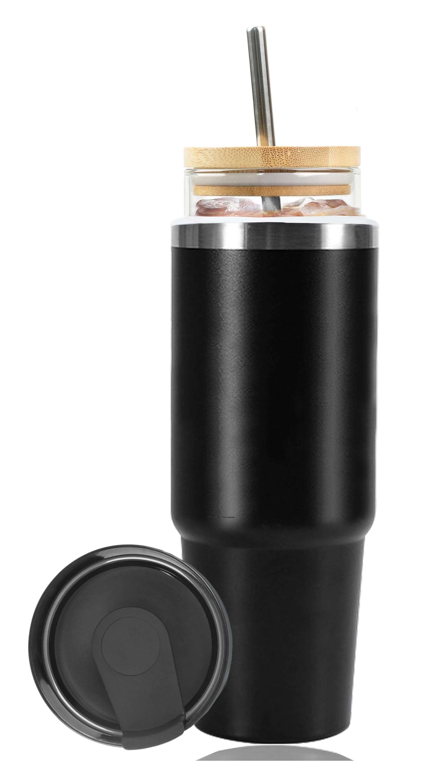 YJGS 30oz Glass Tumbler with Lid and Straw, Insulated Tumbler with Glass Insert, Iced Coffee Cup Reusable Water Bottle Travel Coffee Mug, Water Tumbler with Straw, Sweat Proof & BPA Free
