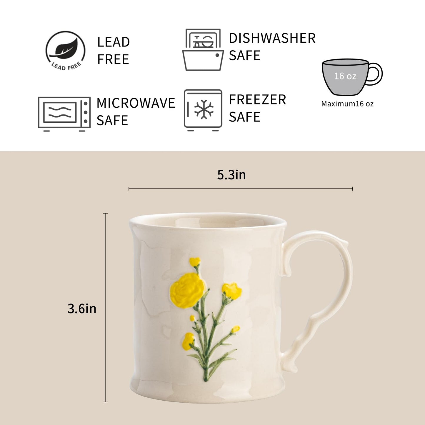 DELIGHTS GALORE Ceramic coffee Mugs, Set of 1 Yellow Flower - 16oz, Hand-Painted, Microwave heating and dishwasher cleaning available, Ideal for Daily Brews