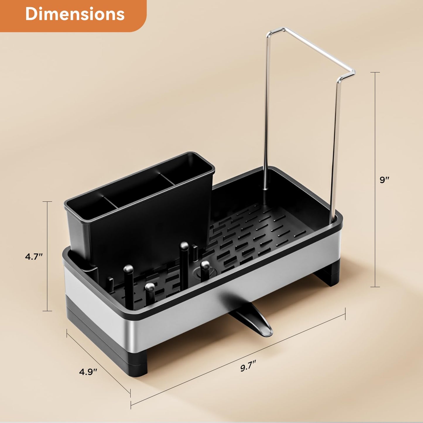 Laveshop Sponge Holder for Kitchen Sink, Rustproof Stainless Steel Sink Caddy with Auto-Drain, Removable Brush Holders, Soap and Dishcloth Organizer, Black
