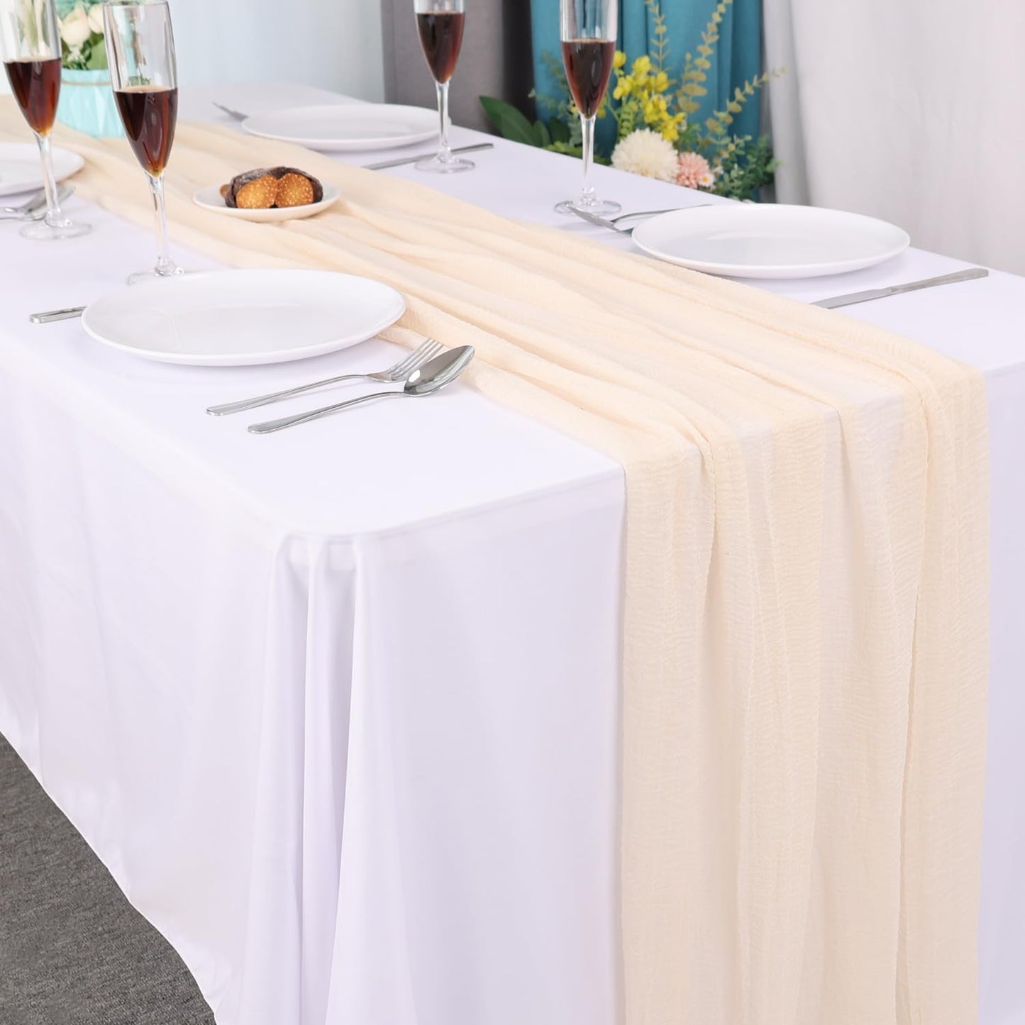 10ft Cheesecloth Table Runner, 1 Pack 120-Inch Boho Bubble Gauze Table Runner, Ivory Rustic Sheer Fabric for Wedding, Bridal Baby Shower, Spring Party Table Decor