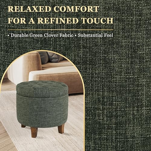 HomePop 19-Inch Green Clover Fabric Button Tufted Round Storage Ottoman