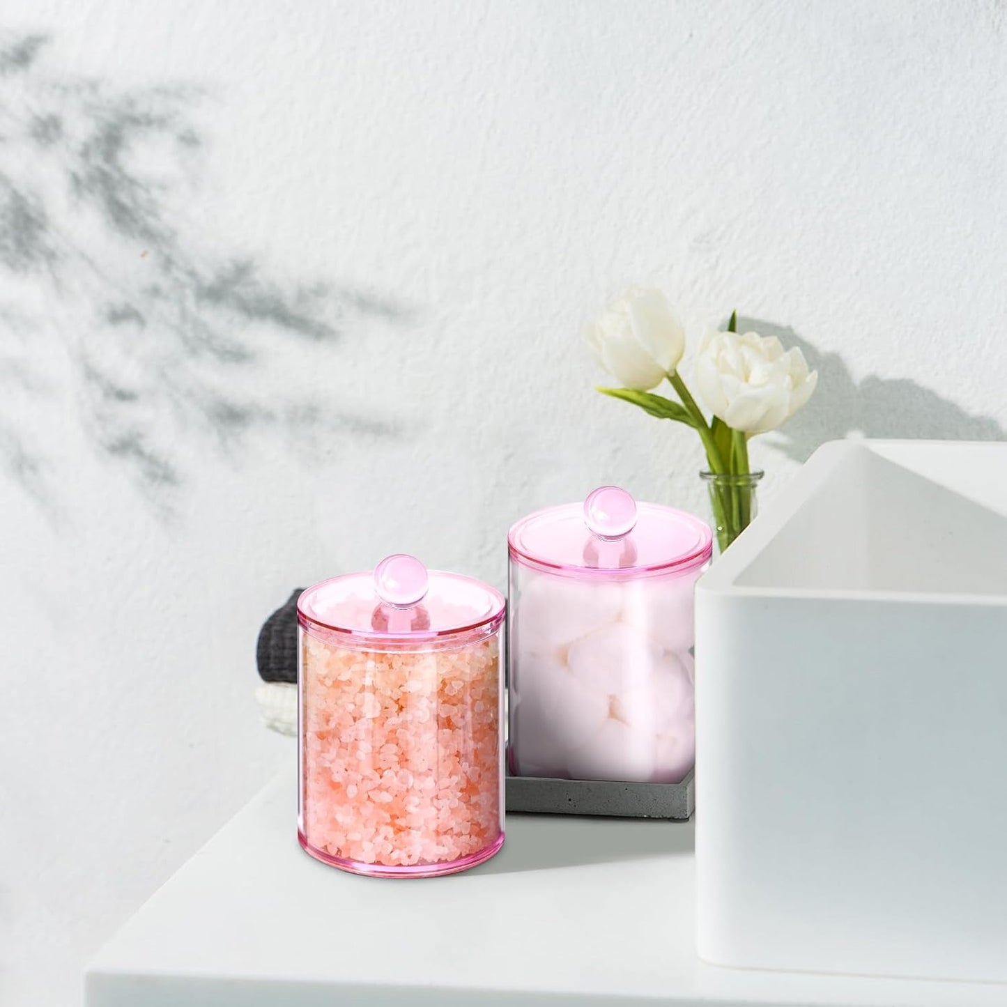 XIPENGKEJI Qtip Holder Set - 4 Pack Apothecary Jars with Lids for Cotton Swabs & Pads | 10oz-12oz Pink