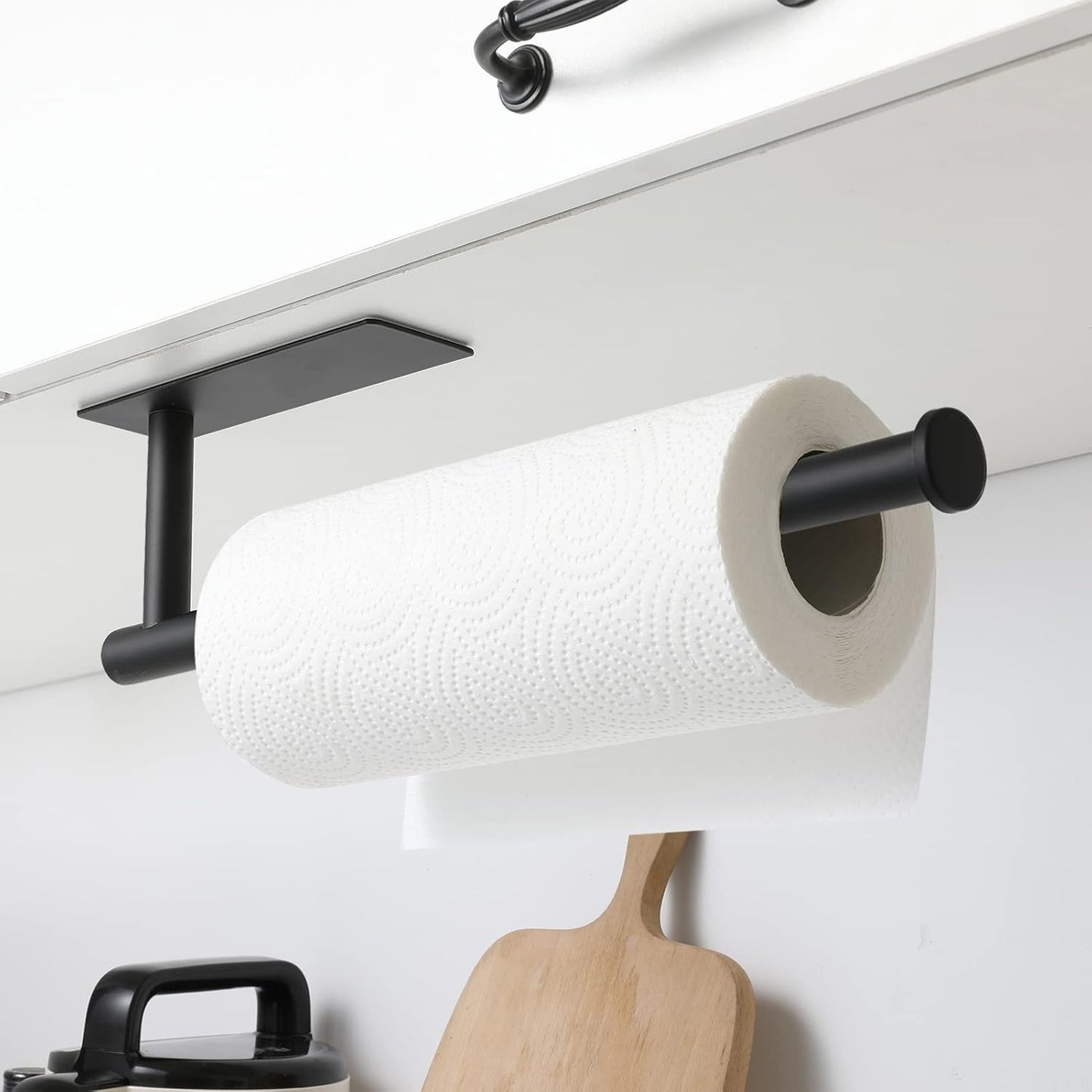 Theaoo Paper Towel Holder - Under Cabinet Adhesive Rack for Kitchen & Bathroom | Matte Black SUS304 Stainless Steel