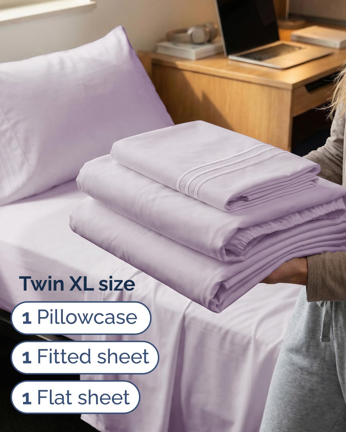 Skiennix Twin XL Sheet Set - Comfy Cooling 3-Piece Bedding - Deep Pocket, Wrinkle-Free - Light Lavender
