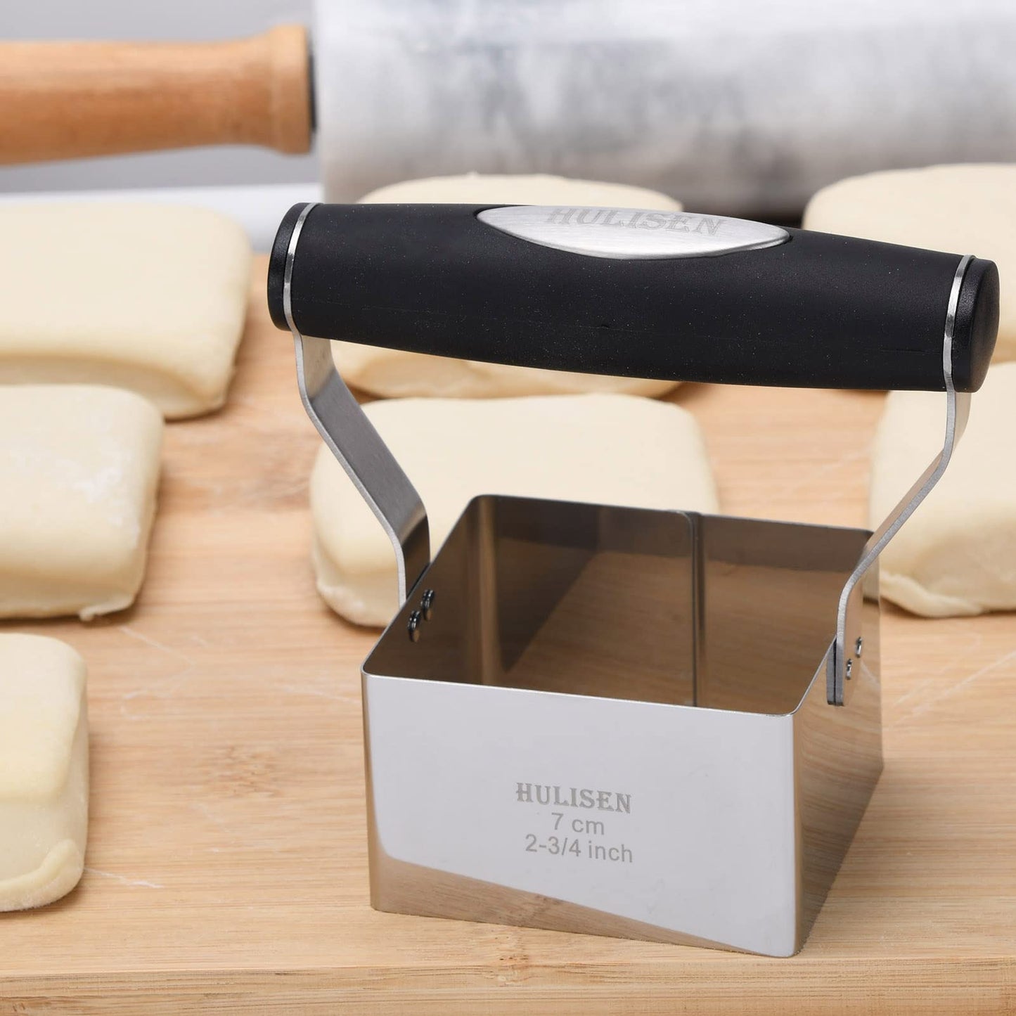 HULISEN Square Biscuit Cutter, 2.75 Inch Stainless Steel Cookie Cutter with Soft Grip Handle for Thick Dough, Professional Baking Dough Tools, Dishwasher Safe, Gift Package (2.75" Square Cutter)
