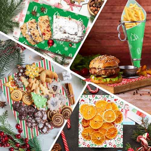 PLULON 160 Pcs Christmas Wax Paper for Food Sandwich Wrapping Parchment Paper Deli Paper Sheets Food Basket Liners Christmas Tree Snowflakes Candy Cookies Wraps for Xmas Holiday Party Decorations