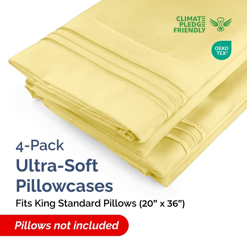 King Standard Pillow Cases - Soft Hotel Quality Covers for Comfy Bedding | Set of 4 - Yellow
