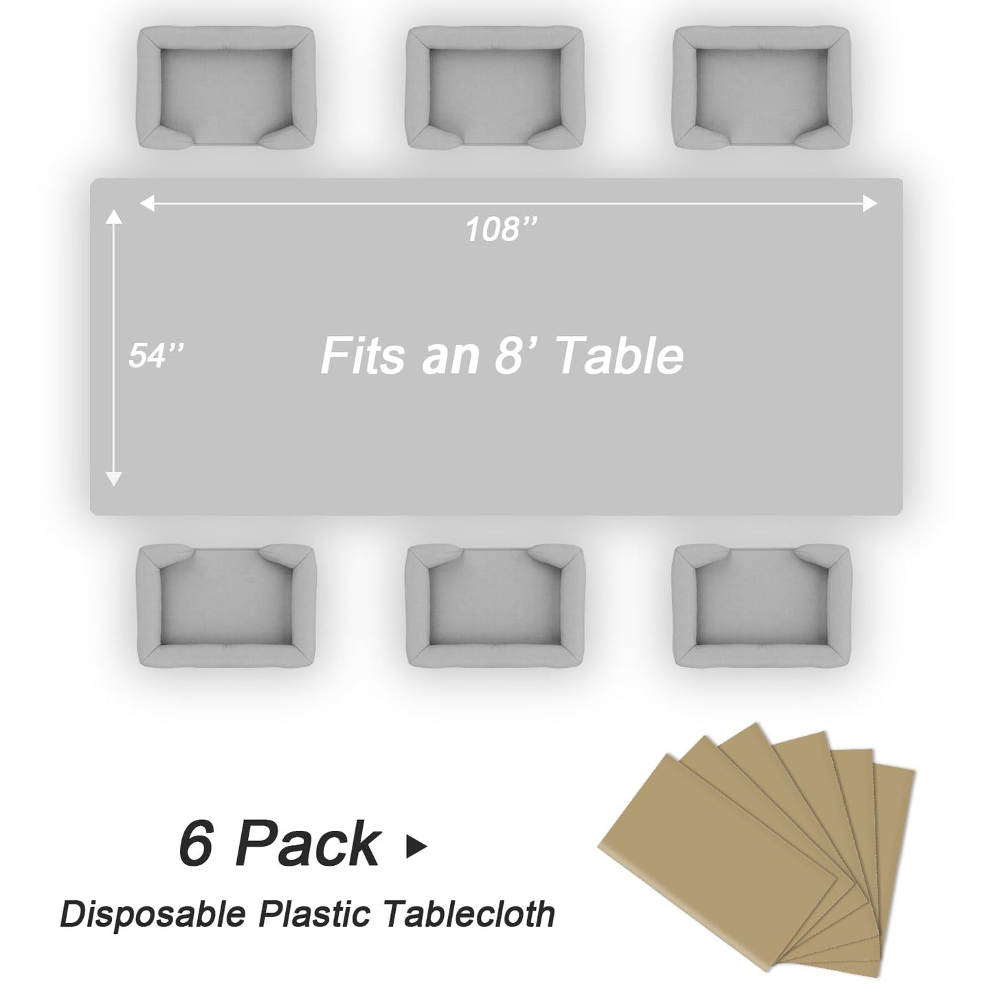 QIKSION Gold Plastic Table Cloth Disposable 6 Pack, 54 x 108 Inch Tablecloths for Graduation, Thanksgiving, Christmas Decorations, Rectangle Table Cover
