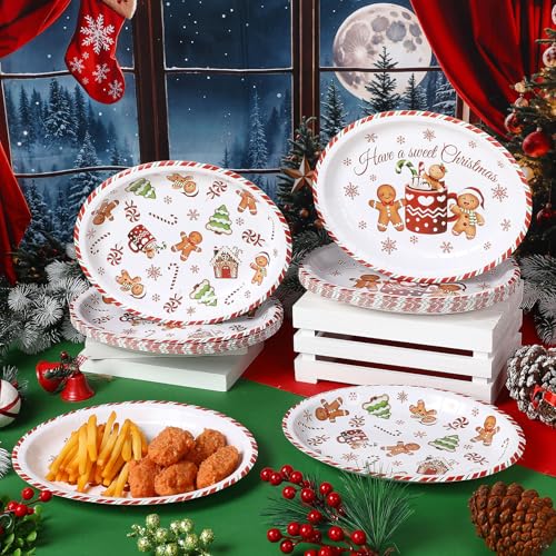 Pajean 100 Pcs Christmas Gingerbread Man Paper Plates 9 x 11 Inches - Holiday Party Supplies