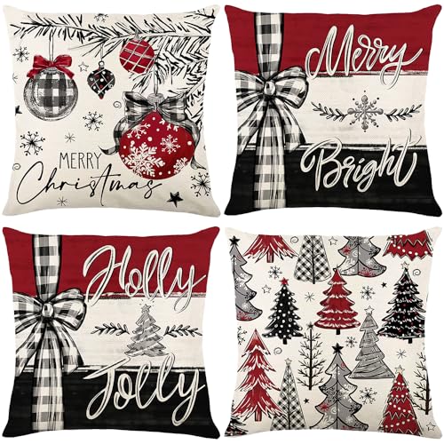 ARPOVIST Christmas Pillow Covers Set of 4 — 18x18 Inch Bow Edition, Red & Black Buffalo Plaid with Trees, Snowflakes & Bow