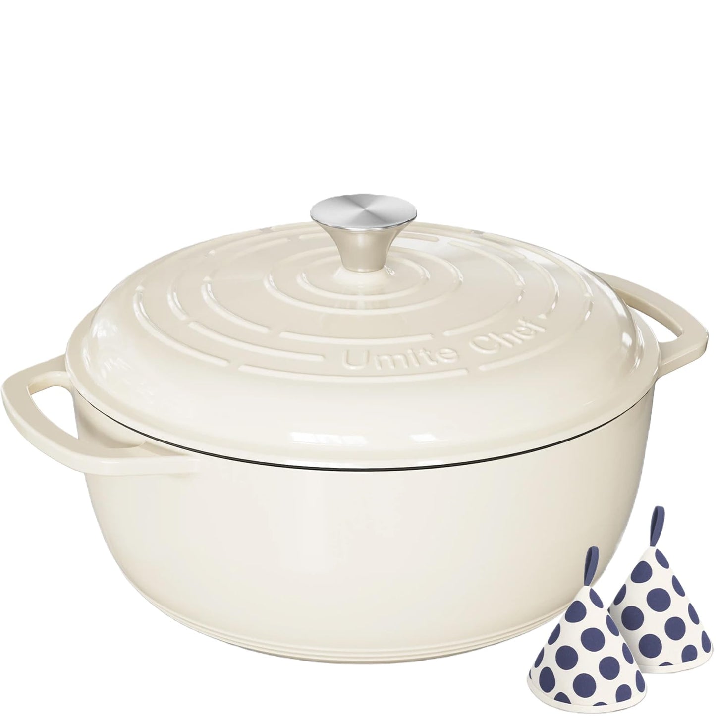 Umite Chef 6QT Enameled Cast Iron Dutch Oven with Lid, Versatile Heavy-Duty Cookware Pot for Baking Bread, Braising, Soups & Stews, Oven & Stovetop Safe with Heat Resistant Gloves（Cream White）