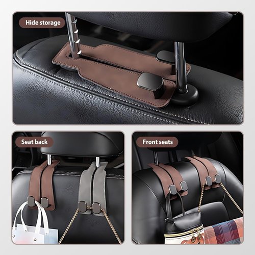 Fauppt Car Headrest Hooks - Stylish Leather Purse Holders & Bag Organizers | Set of 2 Black
