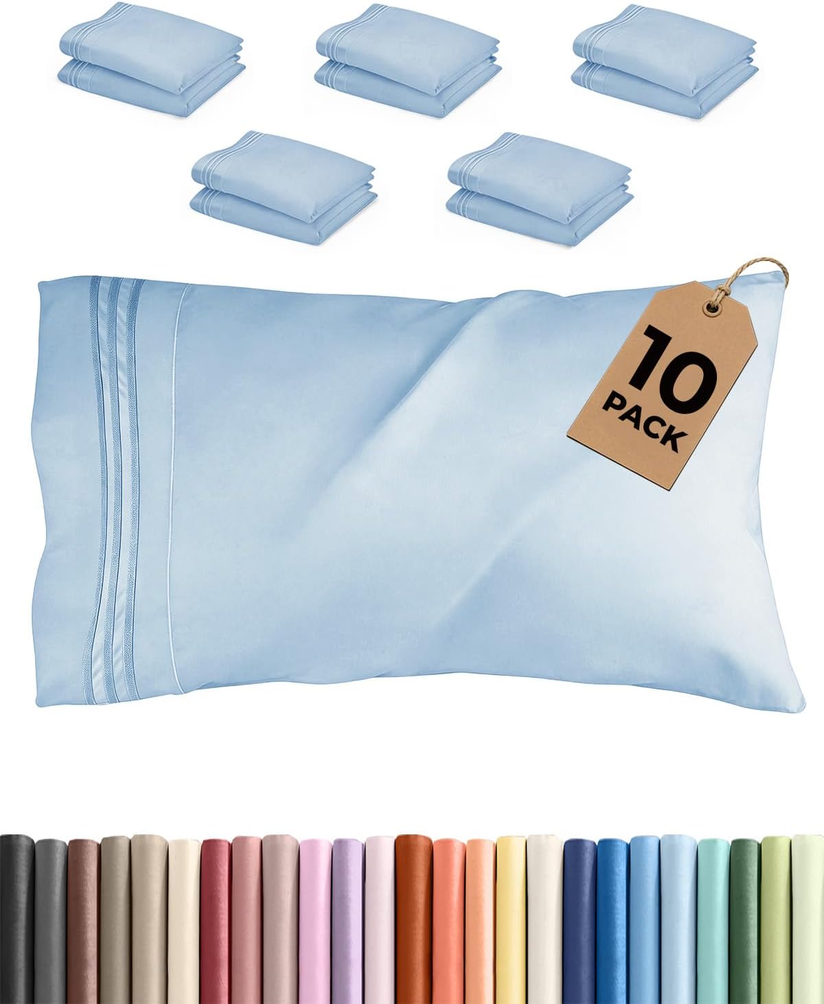 Queen Pillow Cases by [Brand Name] - Ultra Soft Hotel Quality Covers - Wrinkle Free & Fade Resistant - 10 Piece Set in Light Blue
