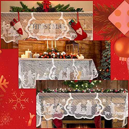 Tegeme Christmas Fireplace Scarf White Lace Jesus Garland Decoration Christmas White Lace Jesus Garland Scarf Fireplace Cloth Indoor Christmas Decorations for Home Living Room, 20 x 90 Inches