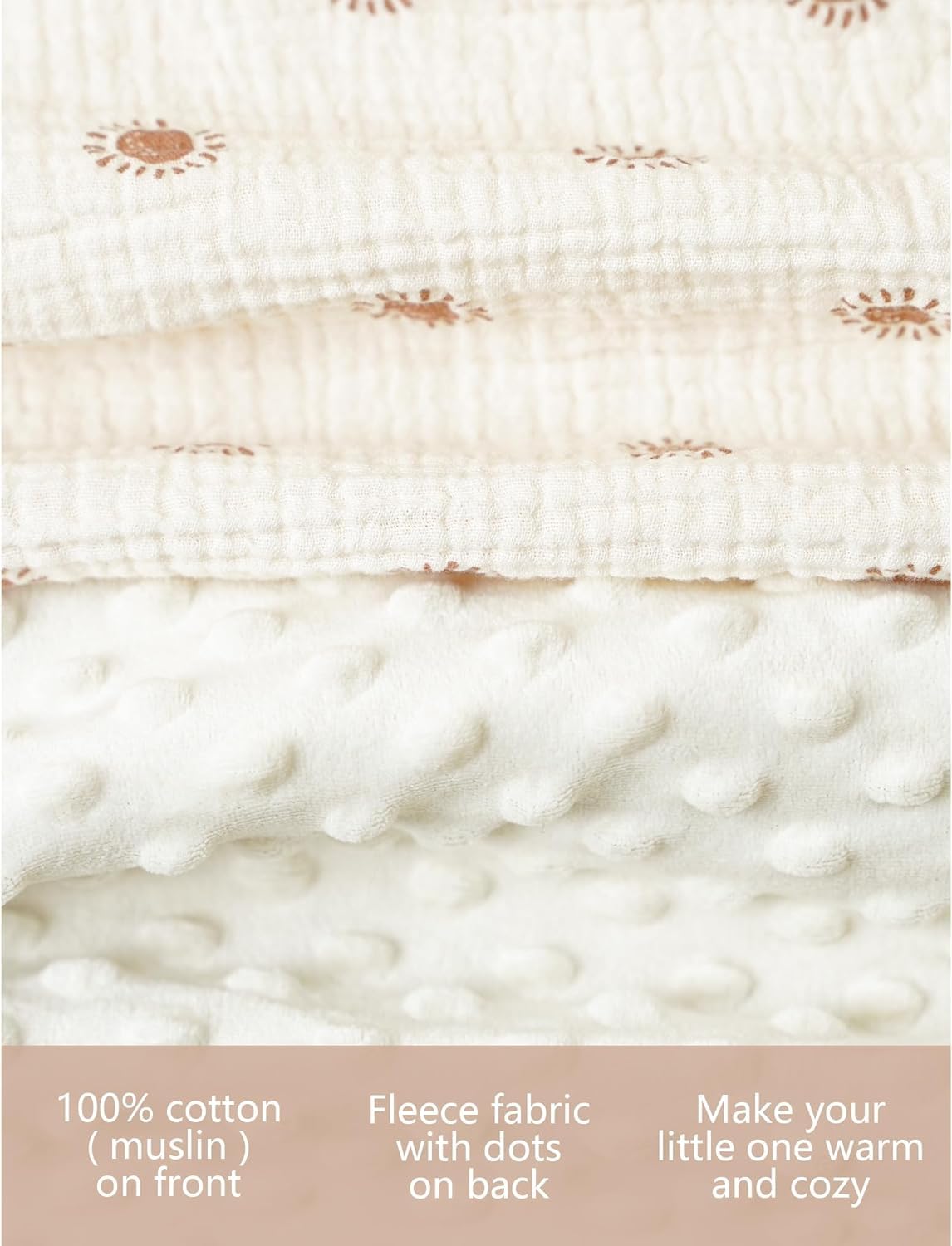 Konssy Baby Blanket - Super Soft Minky with Muslin Cotton Front & Dotted Fleece Back | Unisex Newborn Throw