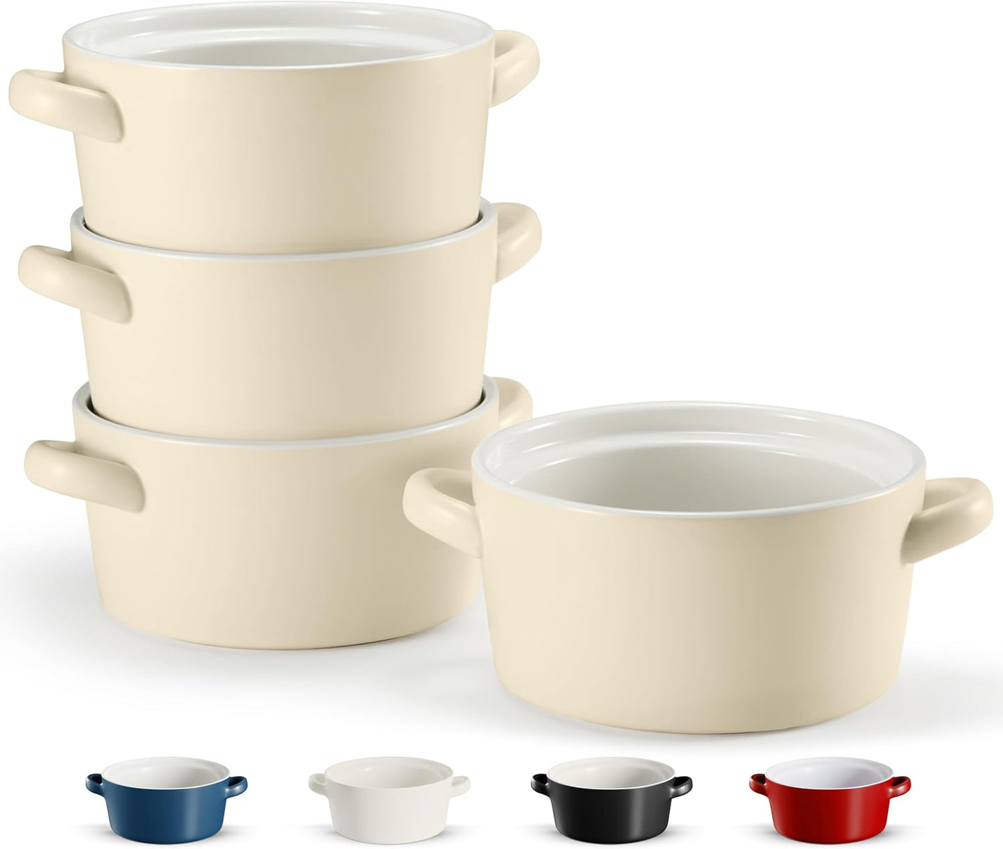 Kook Ceramic Soup Crocks - Stackable Bowls for Casserole & Pasta | Oven, Microwave & Dishwasher Safe, 18 oz, Set of 4 (Ivory)