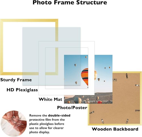 JCJMY 18x18 Gold Picture Frame - Display 14x14 Photos with Mat or 18x18 Without Mat | Shatter Resistant Plexiglass