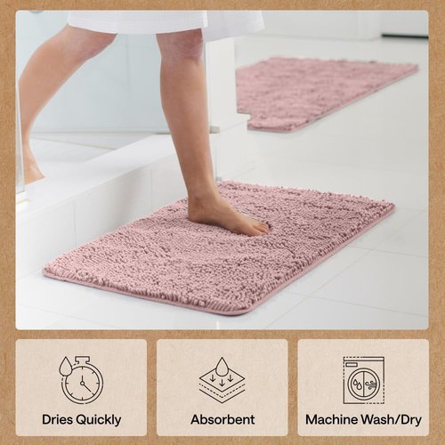 GORILLA GRIP Bath Rug Mat - Soft Absorbent Chenille | Quick-Dry Microfiber, 60x24, Dusty Rose