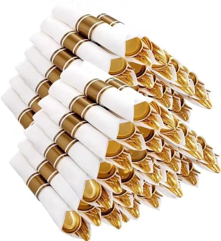 Joyido 400PCS Gold Plastic Silverware Set - Classic Pre Rolled Disposable Cutlery for Parties & Events
