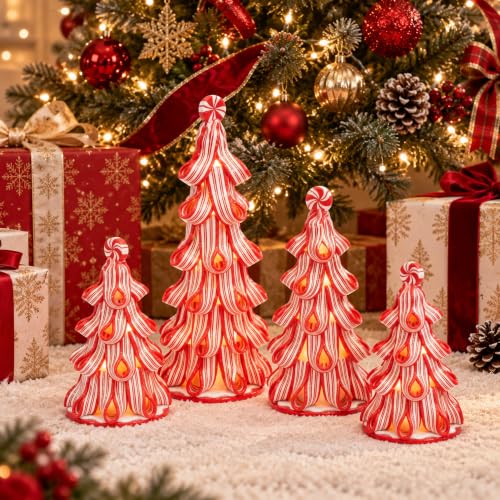 Multicolor 4 Pcs Christmas Ribbon Candy Table Trees with Lights