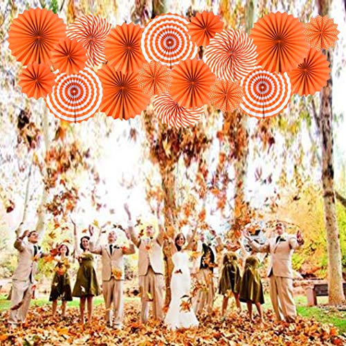 18Pc Party Hanging Orange Paper Fans, Fall Round Folding Wall Decor, Paper Garlands Flower Decoration for Thanksgiving Halloween Birthday Festival Wedding