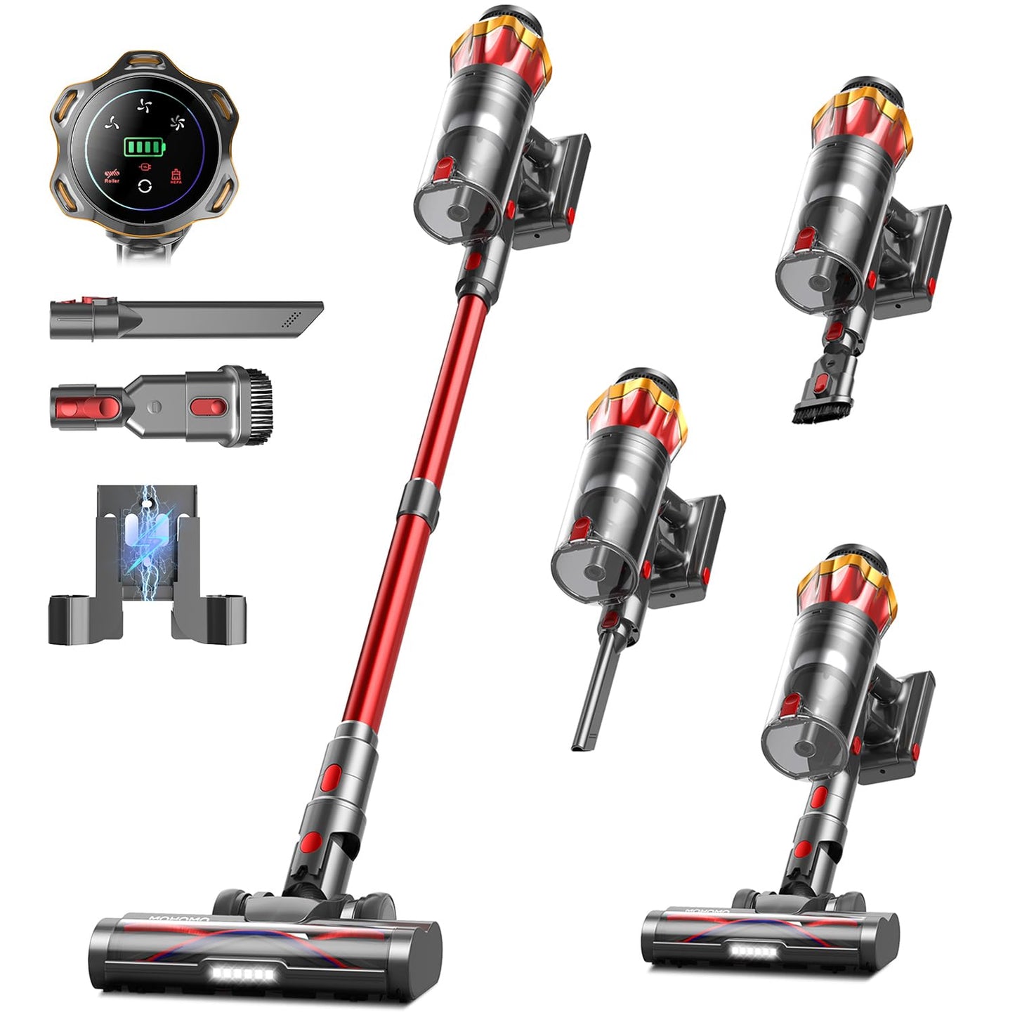 Cordless Vacuum Cleaner, 650W/55KPa 70Mins Vacuum Cleaners for Home, Self-Standing Stick Vacuum with Anti-Tangle Brush & OLED Touch Screen, Vacuum Cleaner for Hardwood Floors,Carpet,Pet Hair,Car (Red)