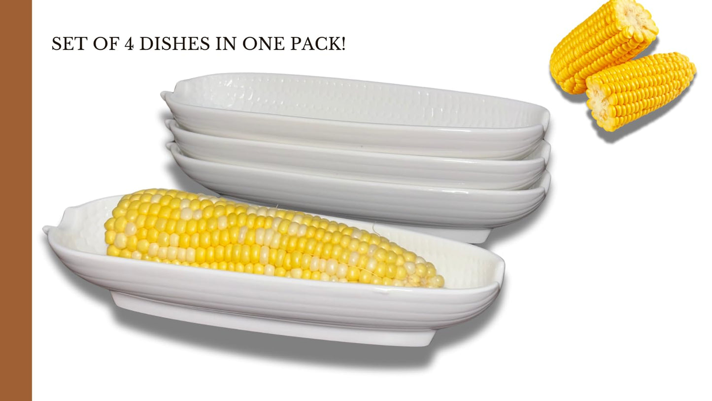 Cera Cuties Corn Dishes Set of 4, Corn Cob Holders 8.8", White Ceramic Dishes Non-slip Bottom, Microwave, Dishwasher and Oven Safe.