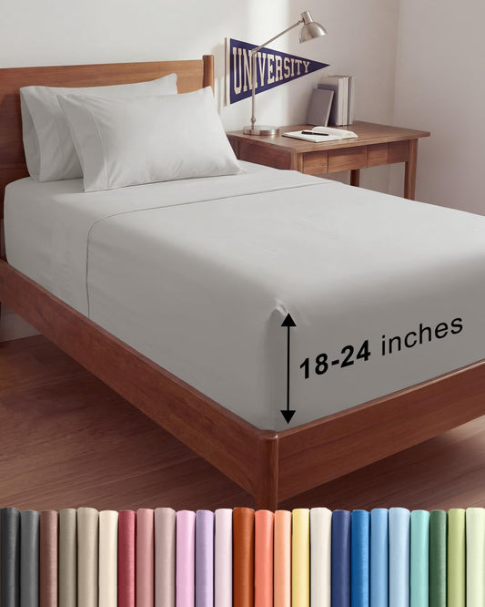 Skiennix Extra Deep Twin XL Sheet Set | 4-Piece Breathable Cooling Bedding - Soft, Wrinkle-Free, French Grey